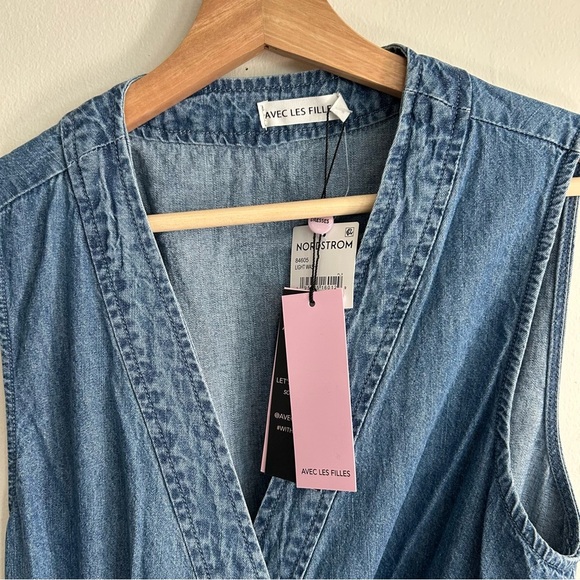 Avec Les Filles Denim Tie Waist Wrap Mini Dress NEW - Picture 5 of 6